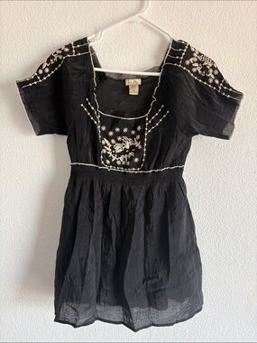 Embroidered Black Cotton Square-Neck Dress